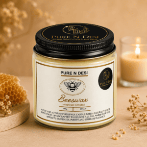 PURE N DESI Beeswax Candles 100g in amber glass jar with warm candle ambience