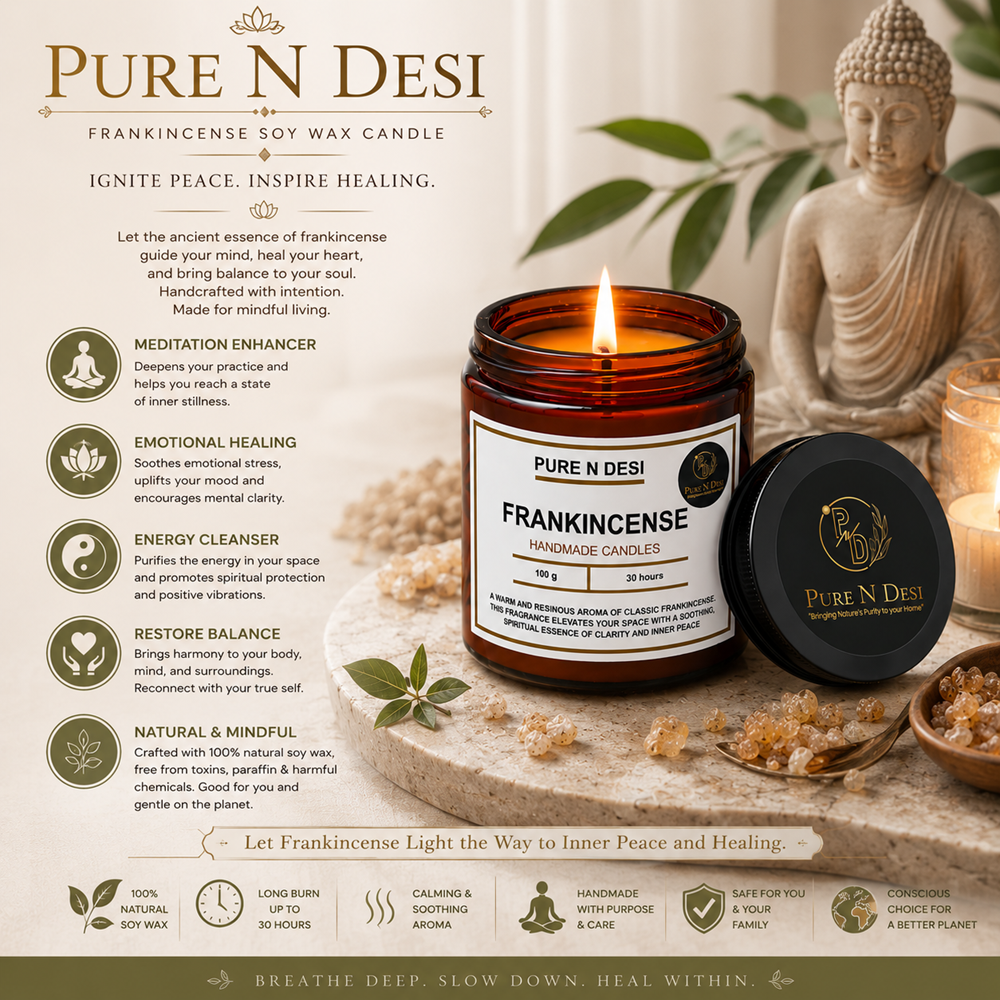 PURE N DESI Frankincense Soy Wax Candles 100g – Premium Luxury Candle | Amber Glass Jar - Image 2