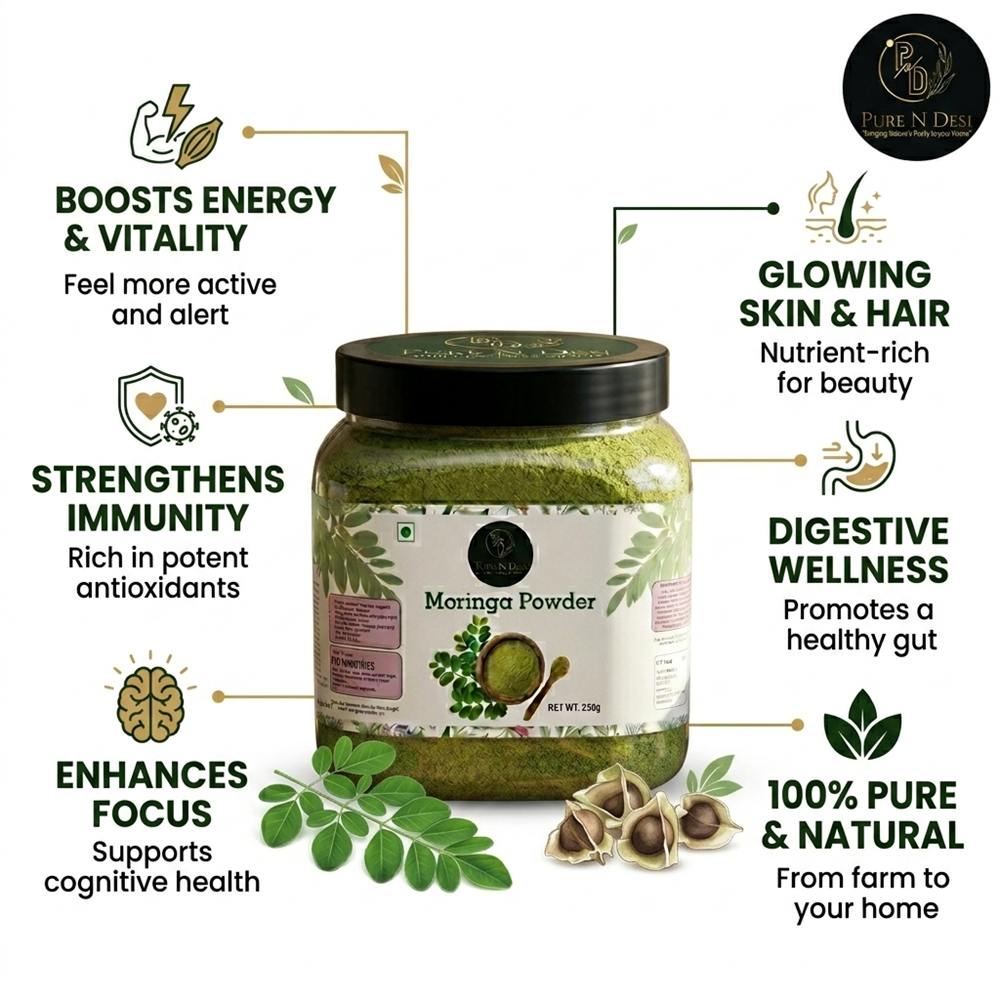 PURE N DESI Moringa Powder 250g | Authentic Moringa Leaf Powder | Drumstick Leaf Powder - Image 3