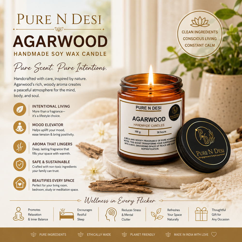 PURE N DESI Agarwood Soy Wax Candles 100g – Premium Luxury Candle | Amber Glass Jar - Image 2