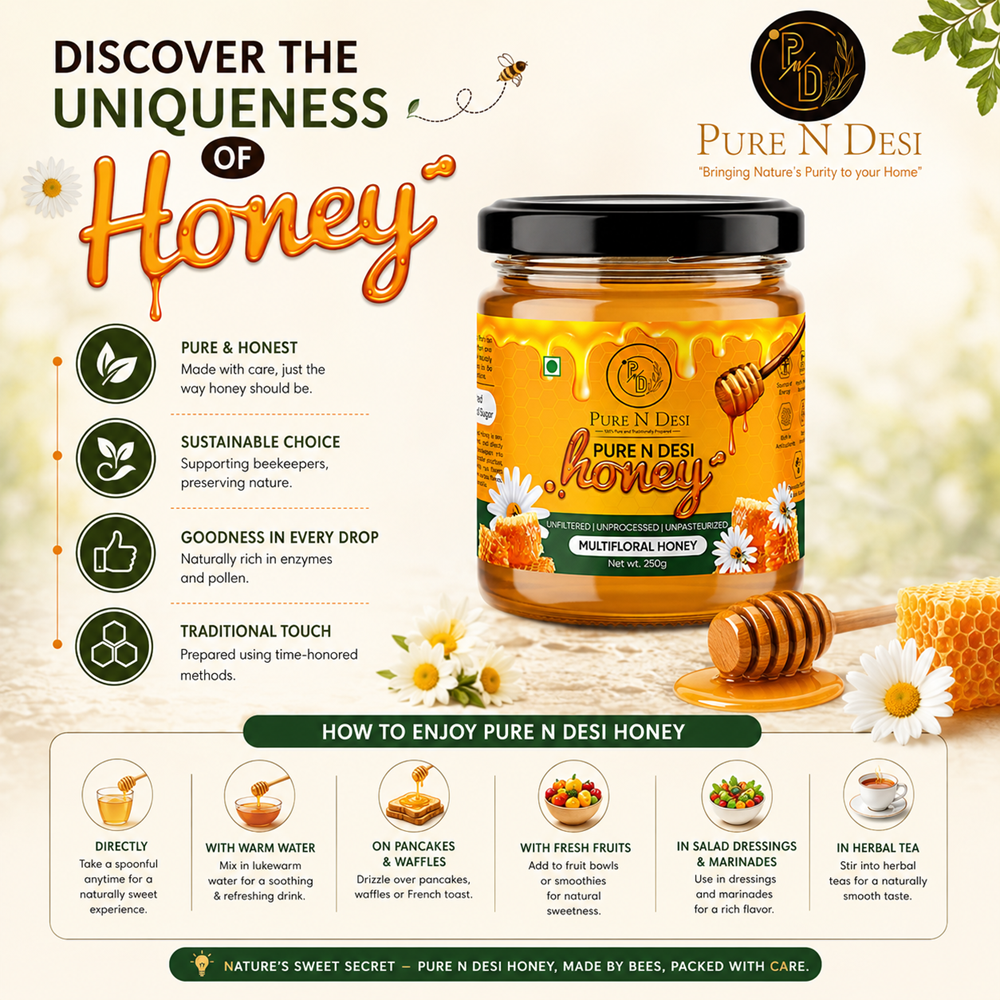 PURE N DESI Multifloral Honey – Pure Natural Honey | Raw Honey | 250g & 500g Glass Jar - Image 3