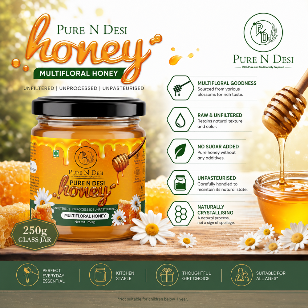 PURE N DESI Multifloral Honey – Pure Natural Honey | Raw Honey | 250g & 500g Glass Jar - Image 11