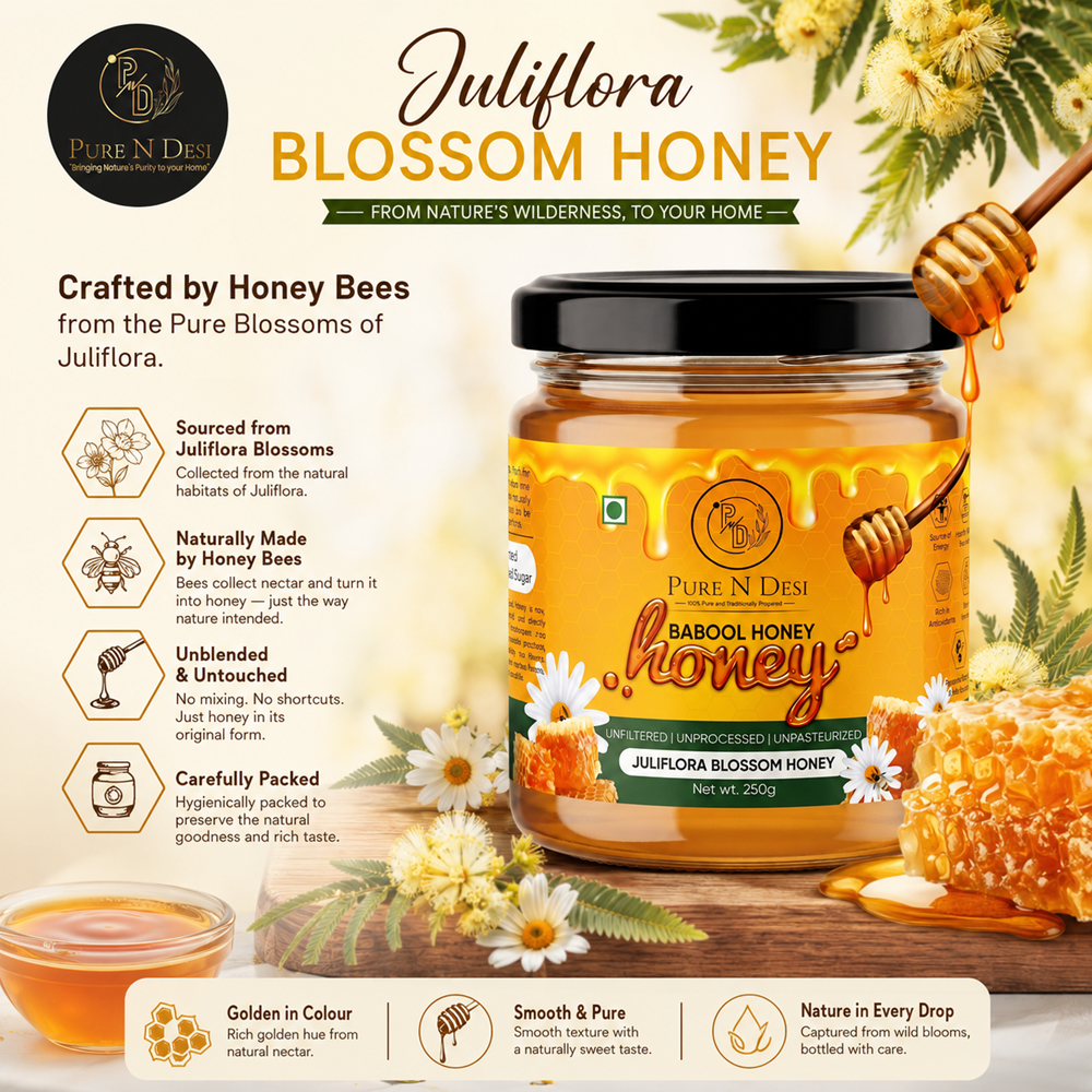 PURE N DESI raw Juliflora Honey close-up