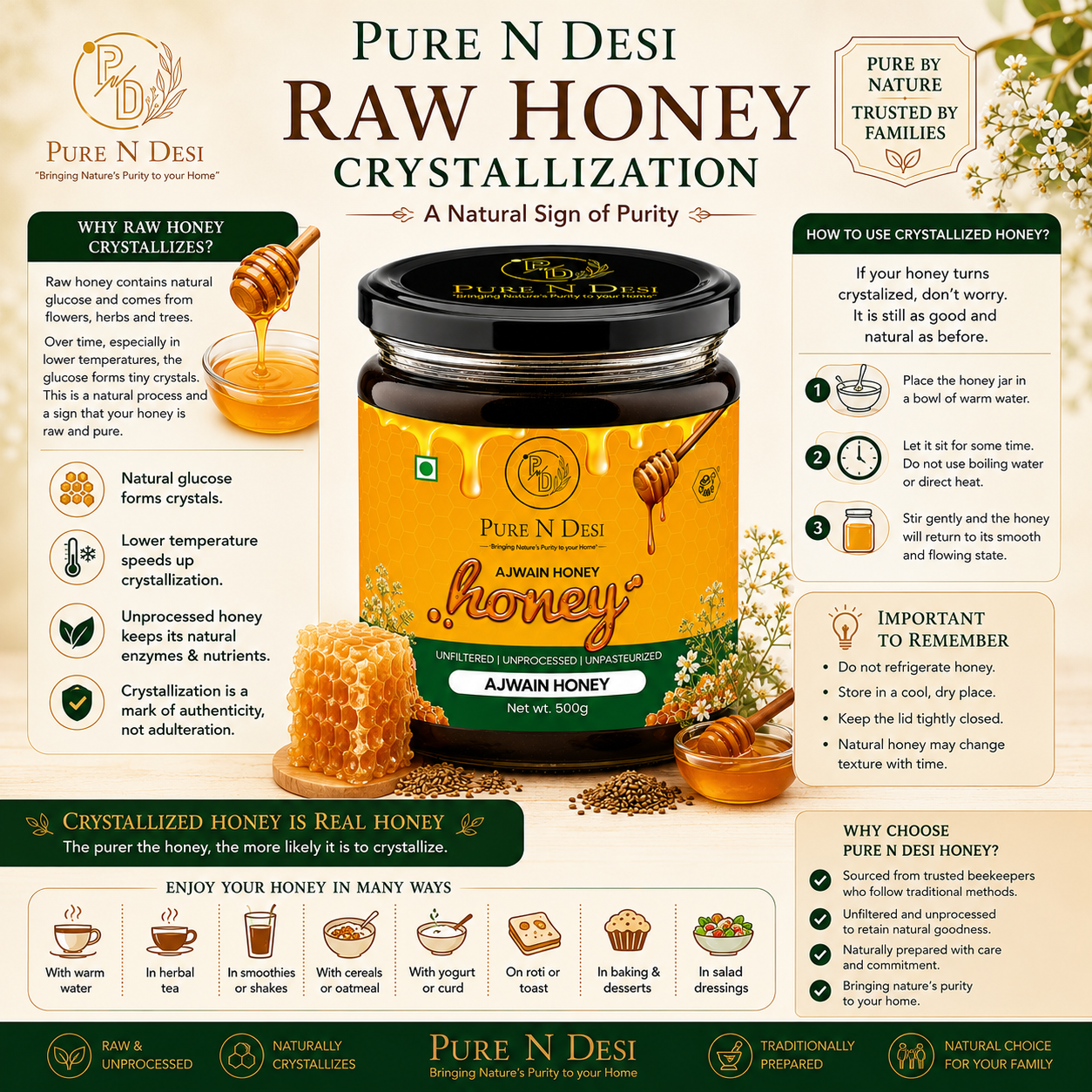 PURE N DESI Ajwain Honey – Pure Natural Honey | Raw Ajwain Blossom Honey | 250g & 500g - Image 7