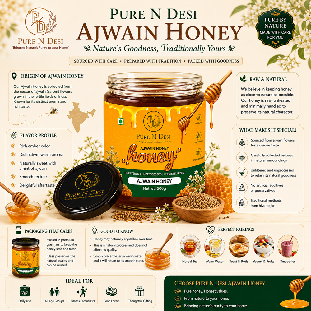 PURE N DESI Ajwain Honey – Pure Natural Honey | Raw Ajwain Blossom Honey | 250g & 500g - Image 9