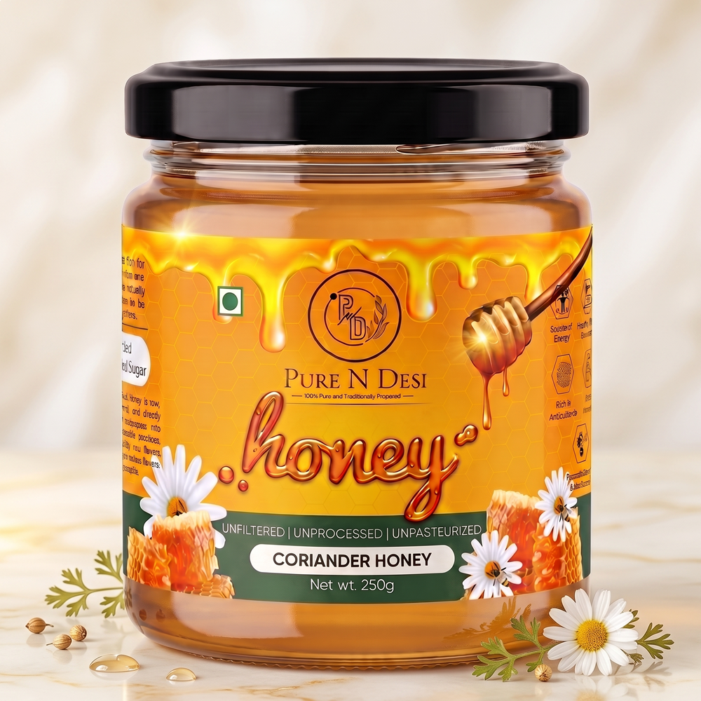 Pure N Desi Corainder Honey 250g glass jar