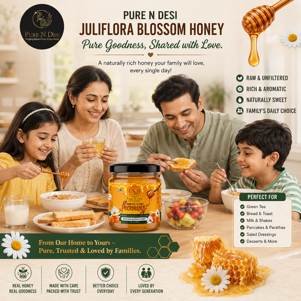 Natural honey served from PURE N DESI Juliflora Honey jar