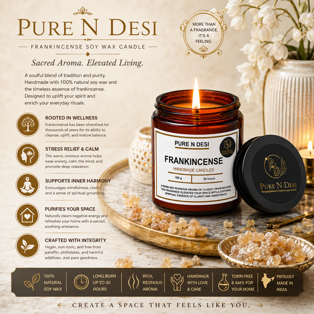 PURE N DESI Frankincense Soy Wax Candles 100g – Premium Luxury Candle | Amber Glass Jar - Image 6