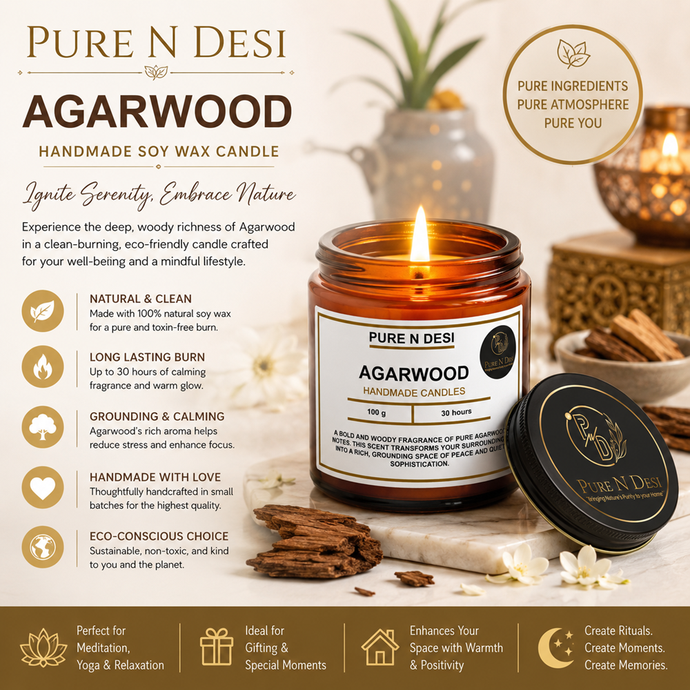 PURE N DESI Agarwood Soy Wax Candles 100g – Premium Luxury Candle | Amber Glass Jar - Image 6