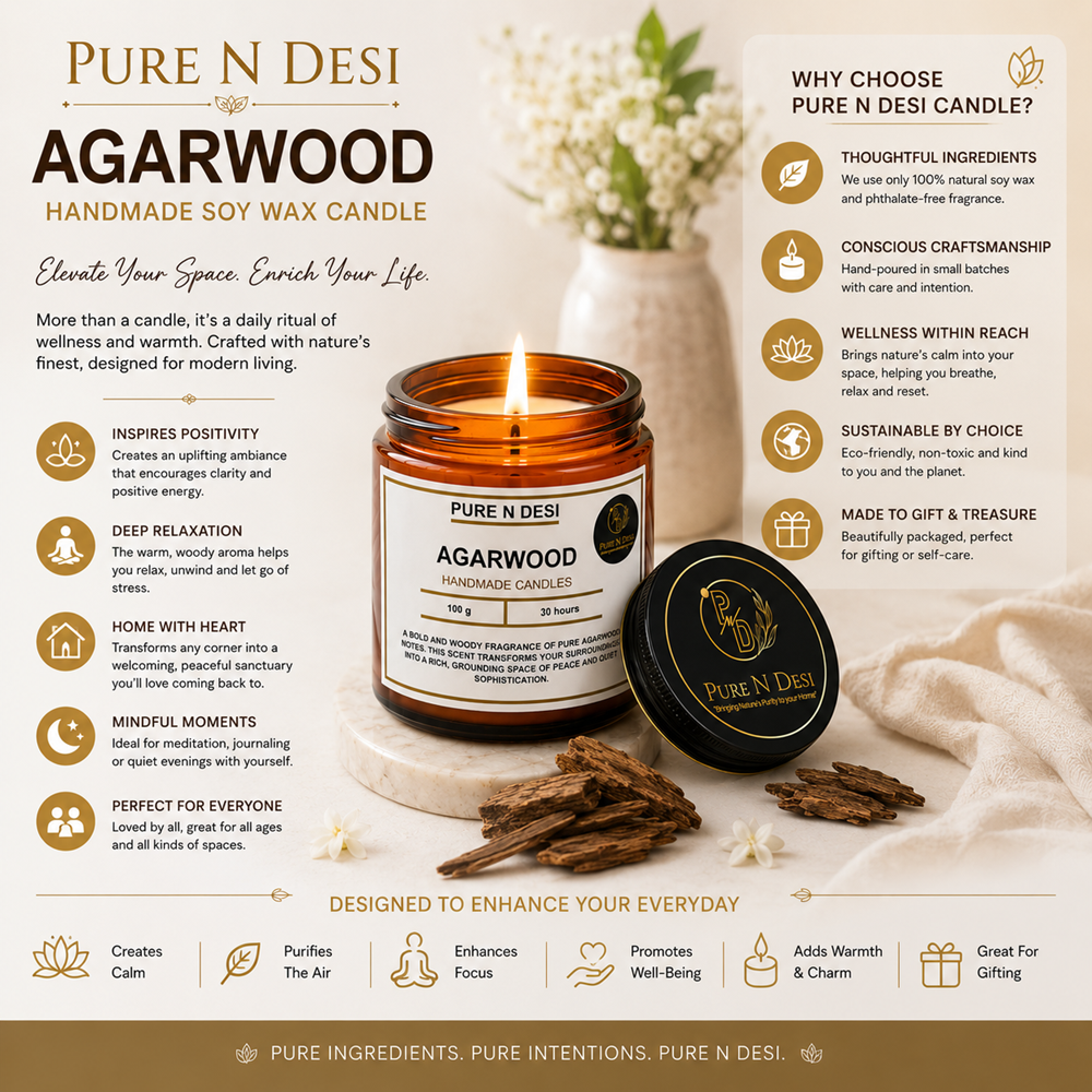 PURE N DESI Agarwood Soy Wax Candles 100g – Premium Luxury Candle | Amber Glass Jar - Image 4